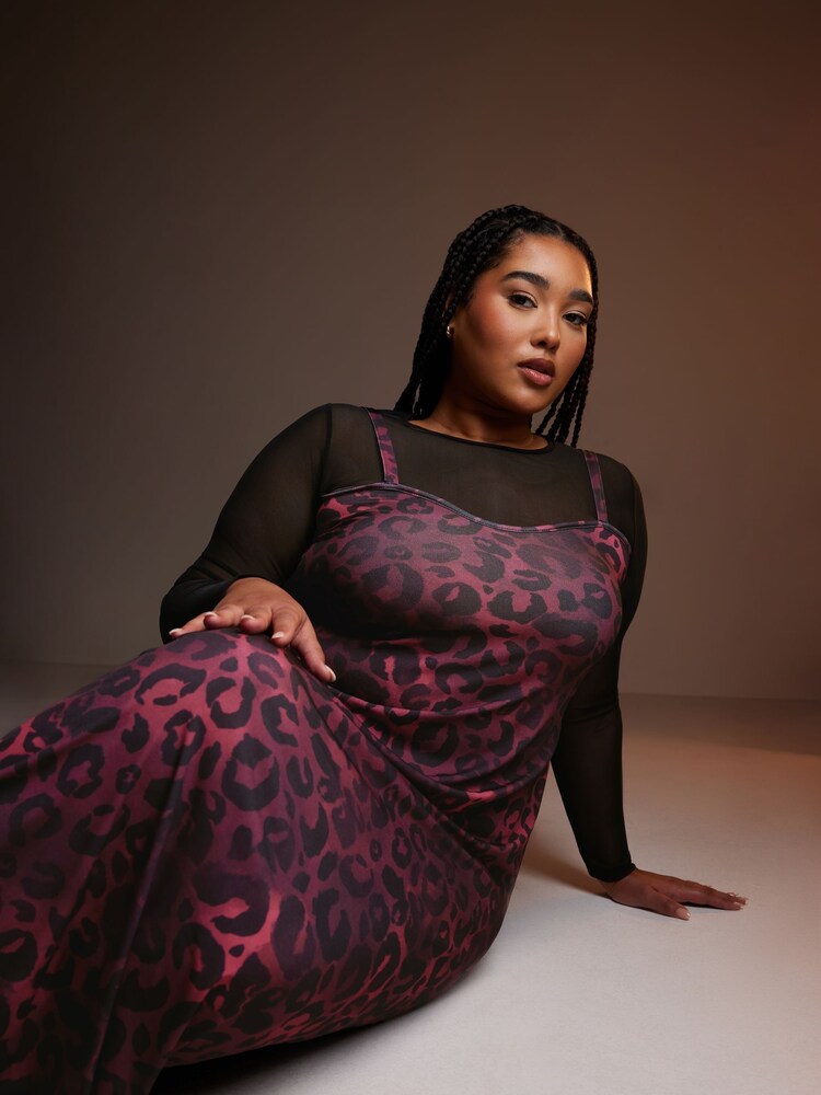 Yours Curve Purple Limited Collection Leopard Print 2-In-1 Dress - Image 4 of 6