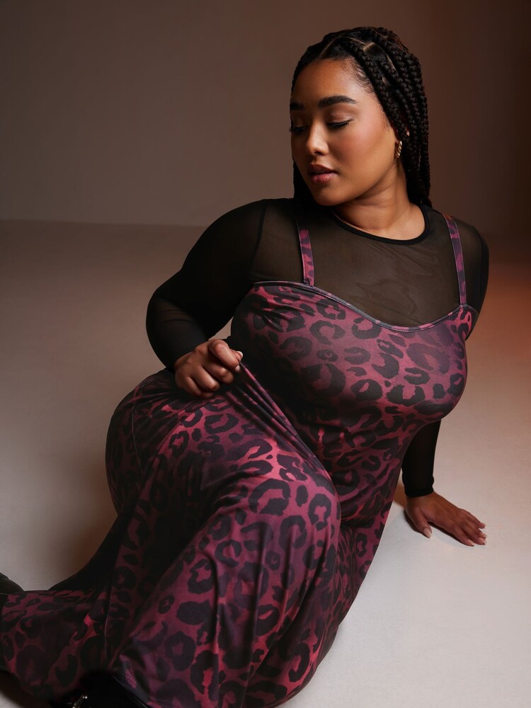 Yours Curve Purple Limited Collection Leopard Print 2-In-1 Dress - Image 5 of 6