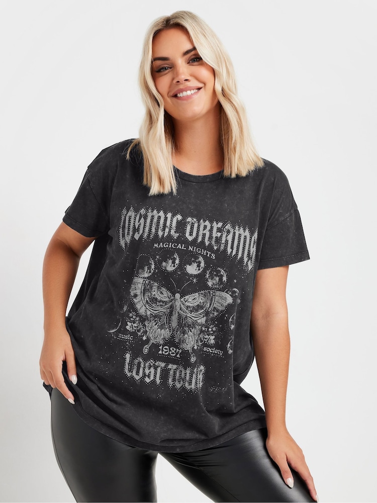 Yours Curve Grey Acid Wash 'Cosmic Dreams' Embellished T-Shirt - Image 1 of 5