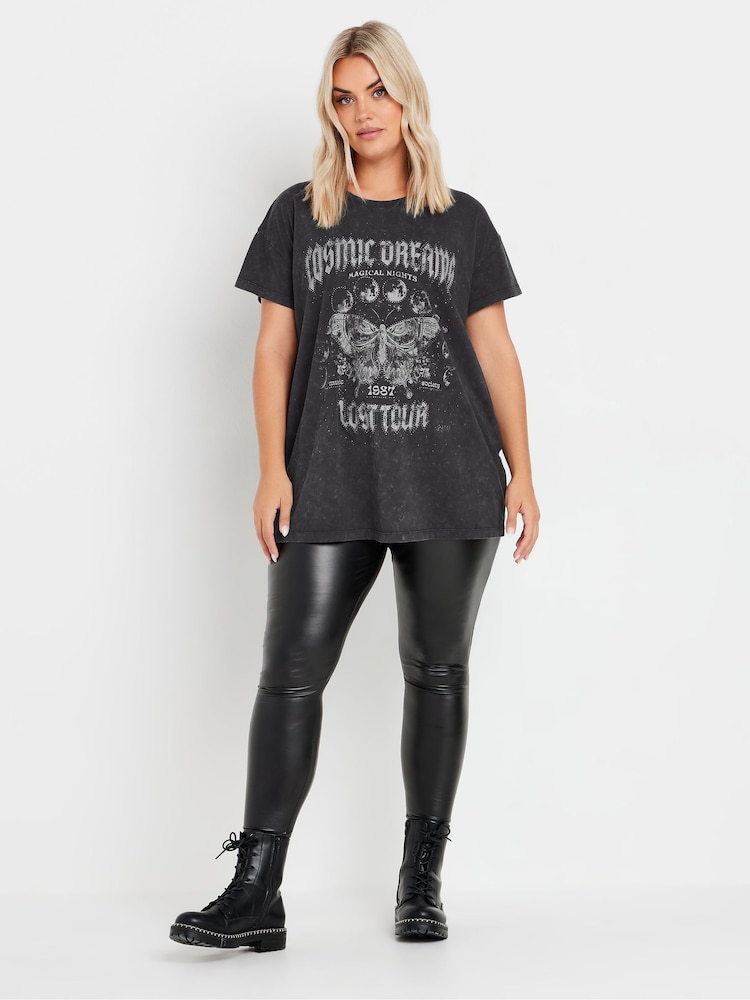 Yours Curve Grey Acid Wash 'Cosmic Dreams' Embellished T-Shirt - Image 2 of 5