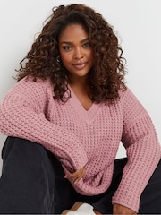 Yours Curve Pink Waffle V-Neck Jumper - Image 1 of 5