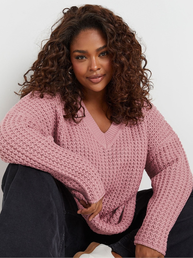 Yours Curve Pink Waffle V-Neck Jumper - Image 1 of 5 Yours Curve Pink Waffle V-Neck Jumper - Image 1 of 5