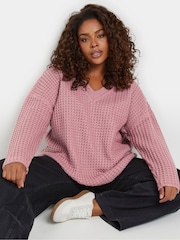Yours Curve Pink Waffle V-Neck Jumper - Image 4 of 5