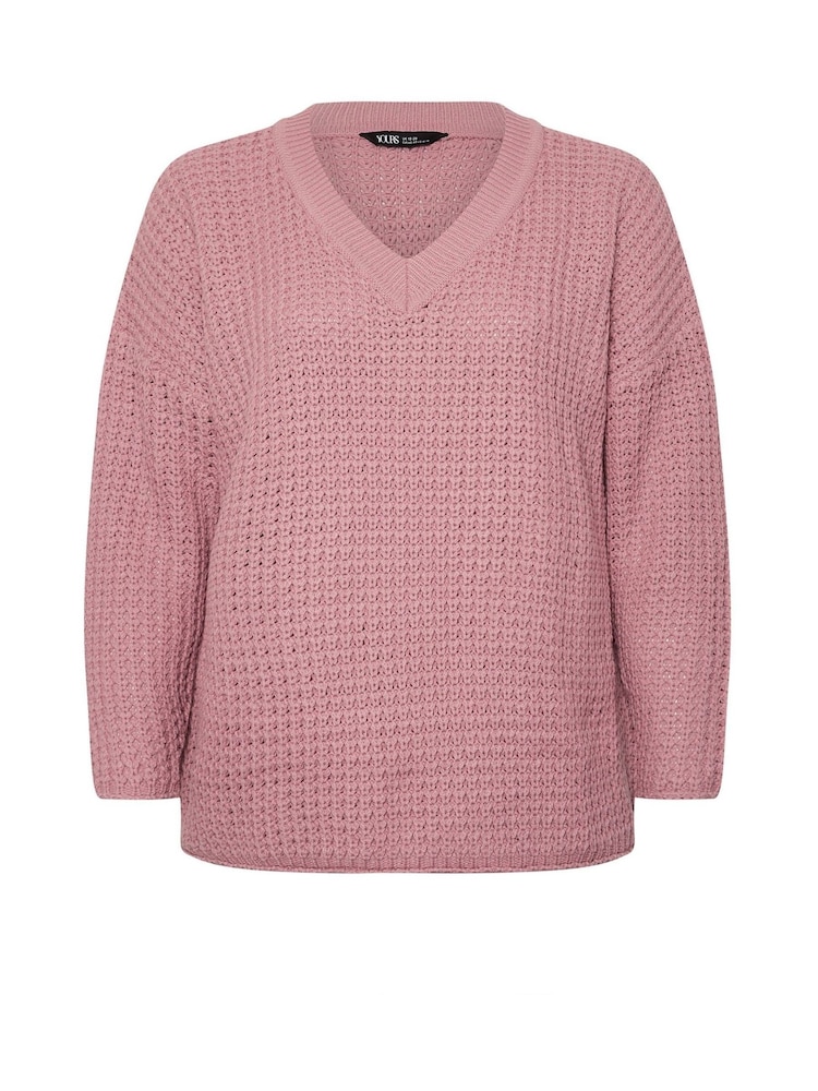 Yours Curve Pink Waffle V-Neck Jumper - Image 5 of 5 Yours Curve Pink Waffle V-Neck Jumper - Image 5 of 5