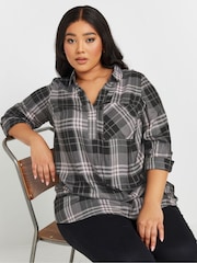 Yours Curve Grey Viscose Overhead Check Shirt - Image 1 of 6
