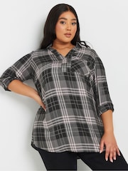 Yours Curve Grey Viscose Overhead Check Shirt - Image 2 of 6