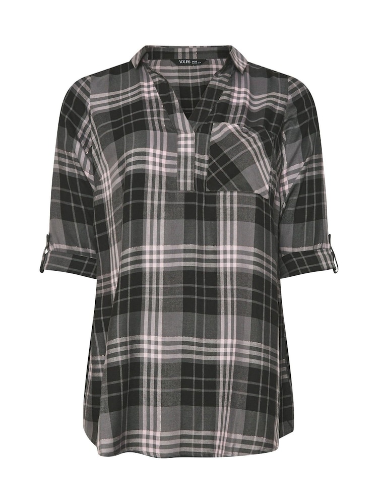 Yours Curve Grey Viscose Overhead Check Shirt - Image 6 of 6