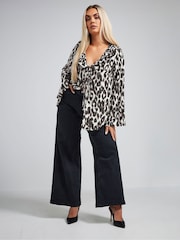 Yours Curve White Limited Collection Leopard Print Tie Frill Neck Blouse - Image 2 of 5