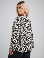 Yours Curve White Limited Collection Leopard Print Tie Frill Neck Blouse - Image 3 of 5