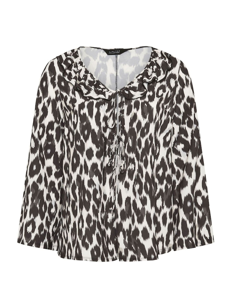 Yours Curve White Limited Collection Leopard Print Tie Frill Neck Blouse - Image 5 of 5