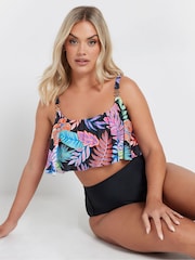 Yours Curve Black Leaf Print Frill Bikini Top - Image 1 of 7