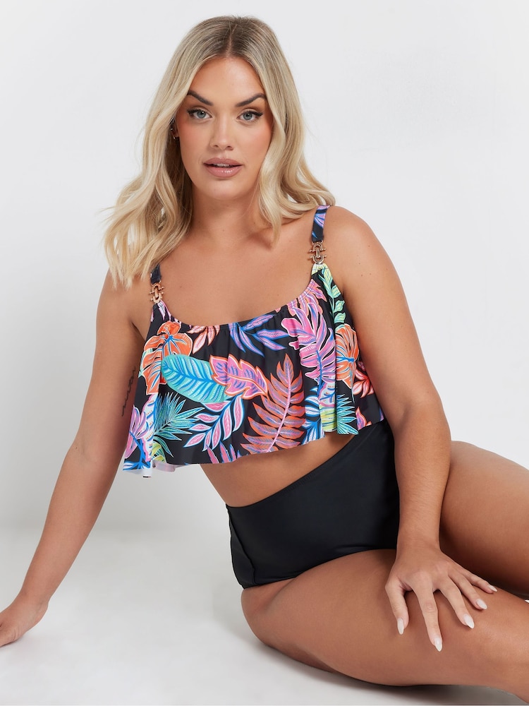 Yours Curve Black Leaf Print Frill Bikini Top - Image 1 of 7