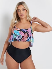 Yours Curve Black Leaf Print Frill Bikini Top - Image 2 of 7