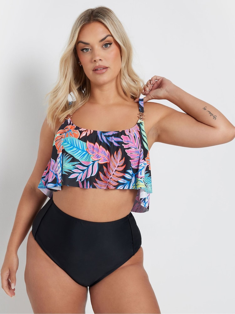 Yours Curve Black Leaf Print Frill Bikini Top - Image 2 of 7