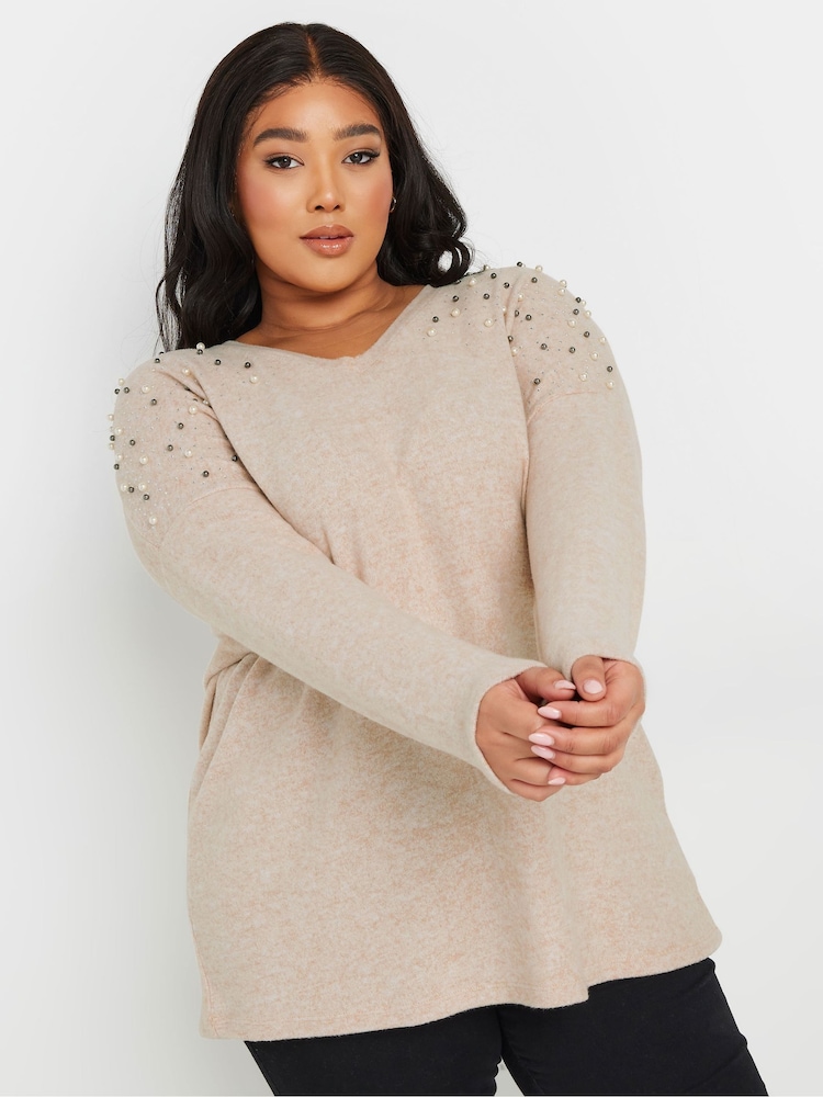 Yours Curve Natural Brown Pearl Embellished Jumper - Image 1 of 5
