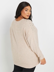 Yours Curve Natural Brown Pearl Embellished Jumper - Image 3 of 5