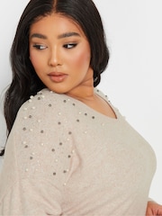 Yours Curve Natural Brown Pearl Embellished Jumper - Image 4 of 5
