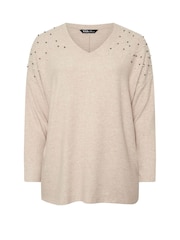 Yours Curve Natural Brown Pearl Embellished Jumper - Image 5 of 5