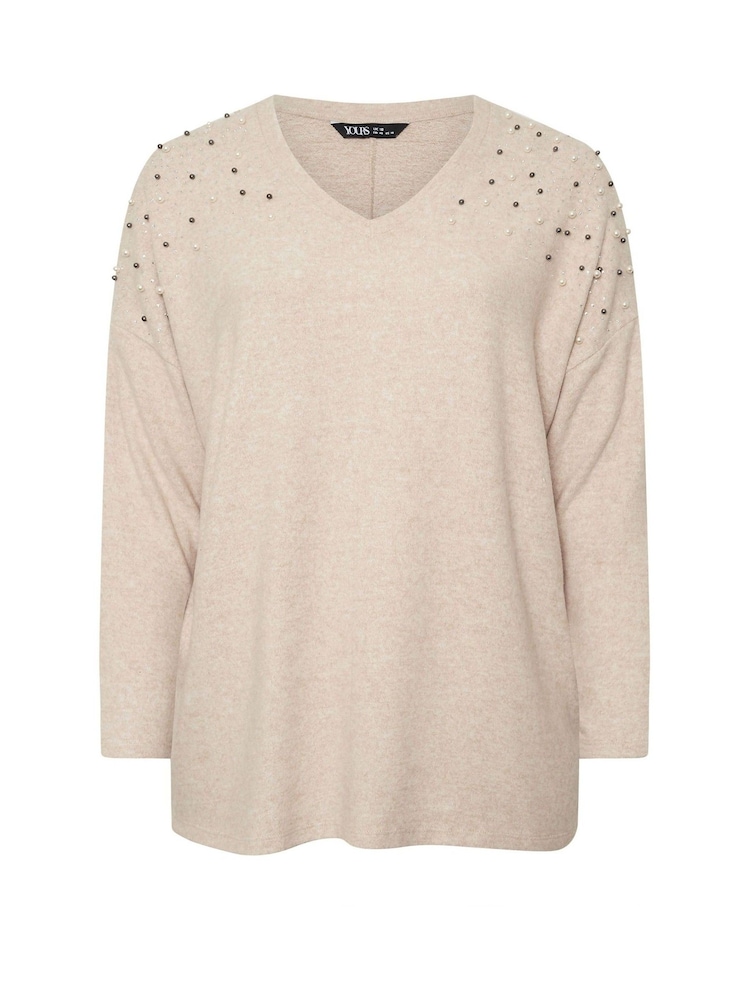 Yours Curve Natural Brown Pearl Embellished Jumper - Image 5 of 5