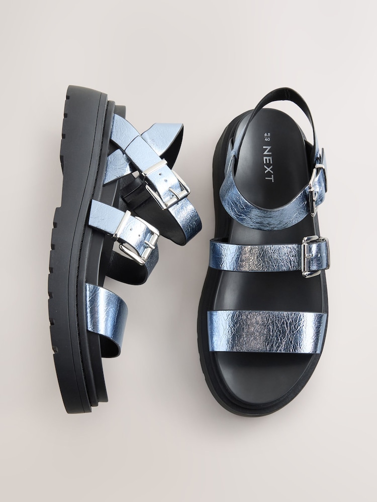 Metallic Blue Standard/Wide Fit Chunky Buckled Sandals - Image 1 of 5 Metallic Blue Standard/Wide Fit Chunky Buckled Sandals - Image 1 of 5