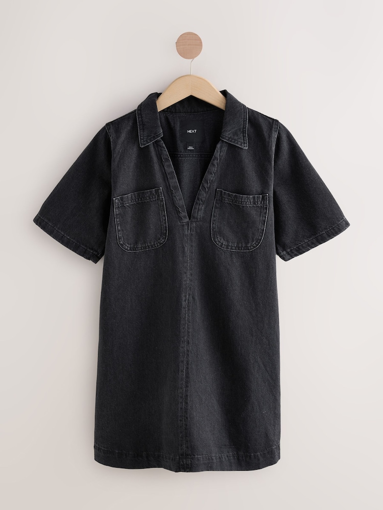 Black 100% Cotton Front Pocket Denim Mini Dress - Image 1 of 3
