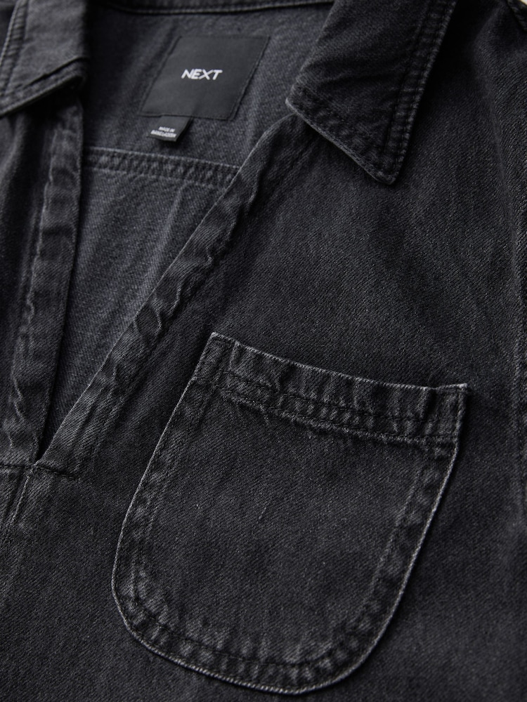 Black 100% Cotton Front Pocket Denim Mini Dress - Image 2 of 3