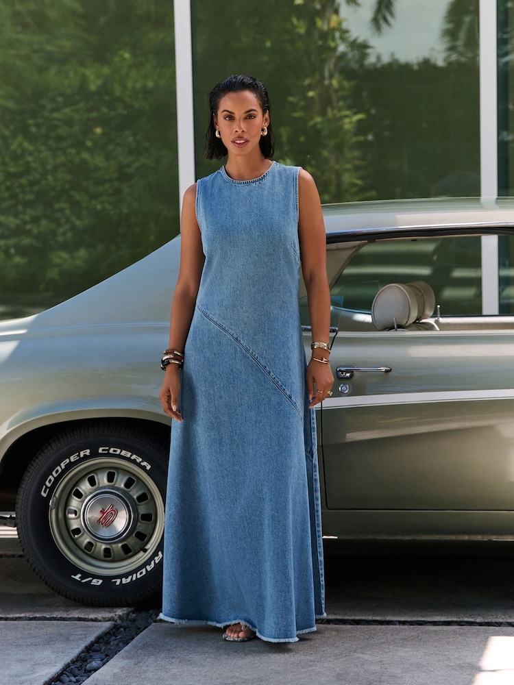 Mid Blue Denim Sleeveless Denim Maxi Dress - Image 1 of 11