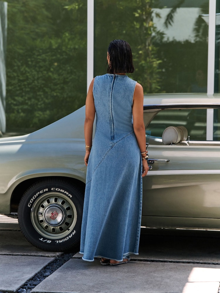 Mid Blue Denim Sleeveless Denim Maxi Dress - Image 2 of 11