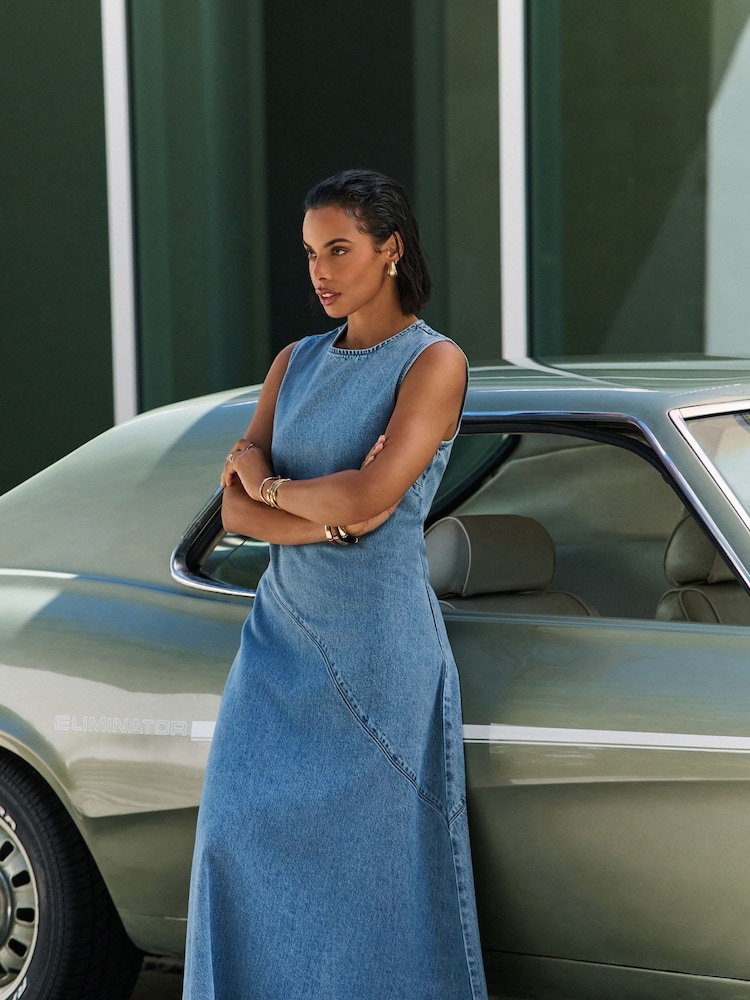Mid Blue Denim Sleeveless Denim Maxi Dress - Image 5 of 11