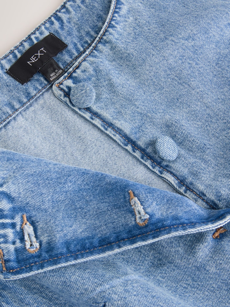 Mid Blue Button Through Boat Neck Denim Mini Dress - Image 8 of 8