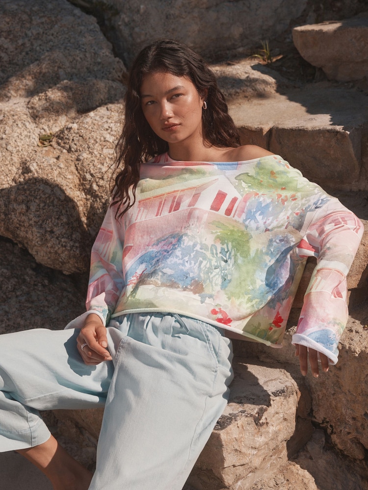 Pink Scenic Holiday Print - Slouched Neck Shoulder Summer Sweat Top - Imagen 1 de 7