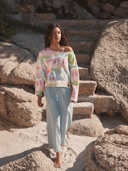 Pink Scenic Holiday Print - Slouched Neck Shoulder Summer Sweat Top - Imagen 2 de 7