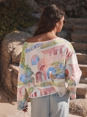 Pink Scenic Holiday Print - Slouched Neck Shoulder Summer Sweat Top - Imagen 3 de 7