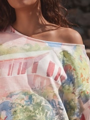 Pink Scenic Holiday Print - Slouched Neck Shoulder Summer Sweat Top - Imagen 4 de 7