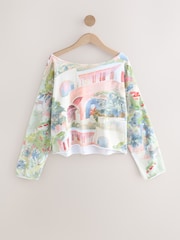 Pink Scenic Holiday Print - Slouched Neck Shoulder Summer Sweat Top - Imagen 5 de 7