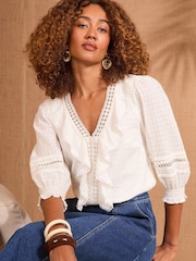 Love & Roses Ivory Petite Texture Ruffle Detail 3/4 Sleeve Blouse - Image 1 of 4