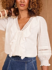 Love & Roses Ivory Petite Texture Ruffle Detail 3/4 Sleeve Blouse - Image 2 of 4