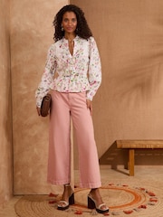 Love & Roses Pink/White Floral Long Sleeve Dobby Peplum 100% Cotton Blouse - Image 3 of 4