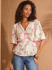 Love & Roses Floral Print Short Sleeve V-Neck Tea Top - Image 1 of 4