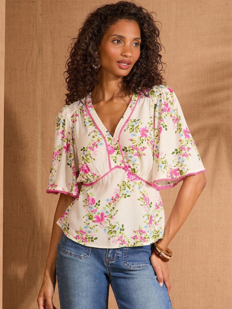 Love & Roses Floral Print Short Sleeve V-Neck Tea Top - Image 1 of 4