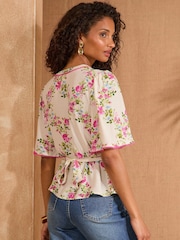 Love & Roses Floral Print Short Sleeve V-Neck Tea Top - Image 4 of 4