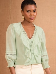 Love & Roses Mint Green Texture Ruffle Detail 3/4 Sleeve Blouse - Image 1 of 4