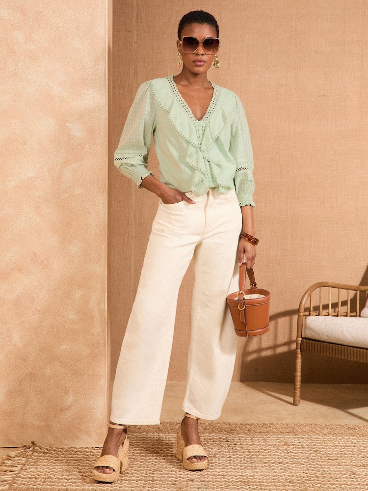 Love & Roses Mint Green Texture Ruffle Detail 3/4 Sleeve Blouse - Image 2 of 4