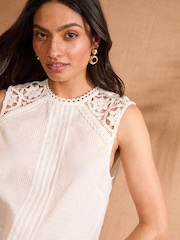 Love & Roses Ivory Dobby Sleevless Crochet Insert Top - Image 2 of 4