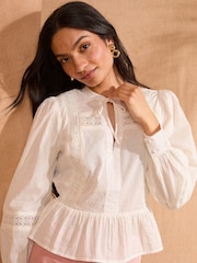 Love & Roses Ivory Petite Long Sleeve Dobby Peplum 100% Cotton Blouse - Image 2 of 4