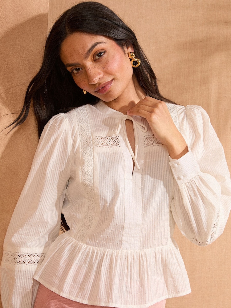 Love & Roses Ivory Petite Long Sleeve Dobby Peplum 100% Cotton Blouse - Image 2 of 4