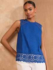 Love & Roses Cobalt Blue Petite Dobby Sleevless Crochet Insert Top - Image 1 of 5