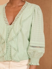 Love & Roses Green Petite Texture Ruffle Detail 3/4 Sleeve Blouse - Image 3 of 4