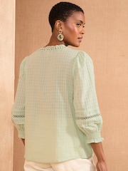 Love & Roses Green Petite Texture Ruffle Detail 3/4 Sleeve Blouse - Image 4 of 4