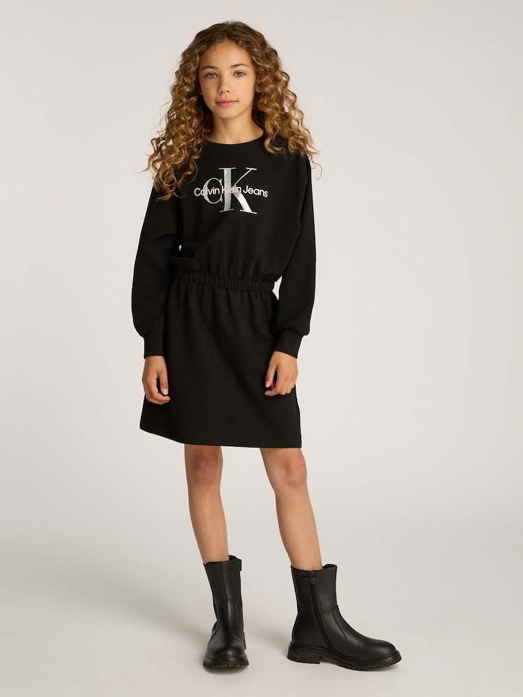 Calvin Klein Black Glitter Logo Sweatshirt Dress - Image 1 of 5 Calvin Klein Black Glitter Logo Sweatshirt Dress - Image 1 of 5